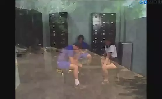 Dirty slut getting banged by three hot guys in a dirty bathroom